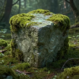 a hube alien cube with a strange texture from nanotechnology, forgotten and overgrown with moss, lost in the forest, detailed digital art by greg rutkowski.