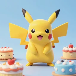 pikachu with bfg 9 0 0 0 fighting with cakes, 3 d, photorealistic