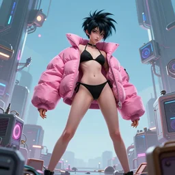 beautiful fantasy character portrait, donnie darko, wearing oversized puffy pink bomber jacket and black bikini, ultra realistic, wide angle, seductive pose, cyberpunk artifacts, highly detailed by peter mohrbacher, pixar, malti klarwein, boris vallejo, aaron horkey, gaston bussiere, craig mullins
