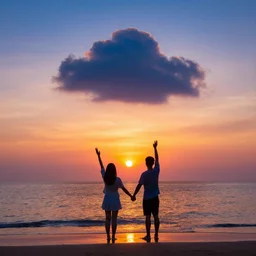 8 k uhd wonderful colorful sunset on a seashore with a cloud in the shape of a couple holding hands, professional photography,