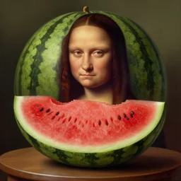 portrait of a watermelon sitting upon a table with heightened detail, poised, intense emotion, detailed facial expression, detailed surroundings, intricate, elegant, highly detailed, centered, digital painting, artstation, concept art, smooth, sharp focus, illustration, by ( leonardo da vinci ), wlop