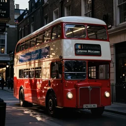 a widescreen photo of a old london double - decker bus in a dark alley, low light, by steve mccurry
