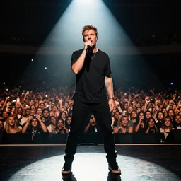 brendon urie on stage singing dramatic lighting in front of a crowd of thousands