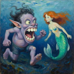 painting of an underwater goblin with huge teeth chasing a mermaid in the style of expressionism