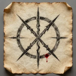 Strange Sigil of an evil entity. lovecraftian feeling. by Agnes Cecile but in charcoal and blood. on a parchment made from thin leather. the parchment is 2000 years old.