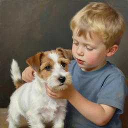 a three year old boy with short blonde hair petting the head of a very cute wire haired jack russell terrier puppy, white with brown patches over both eyes. detailed, high quality painting by artgerm and greg rutkowski and alphonse mucha