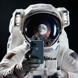 extremely detailed portrait of space astronaut, wearing gloves, holds iphone, iphone visible, iphone in hand, reflection of the moon in visor, alien looking over shoulder from behind, extreme close shot, dramatic backlight, award winning photo by david lachapelle