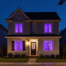 a house at night, with purple lights in the windows, photography