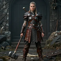 a cinematic view of very ornated female viking berseker, undercut hair, showing nordic tattoos in the full body, using leather armour with an hammer made of mammoth tusk, photorealistic, volummetric light, detailed, texturized, leica lens high quality