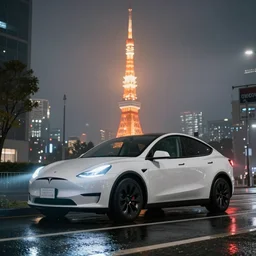 tesla in tokyo at a foggy and rainy night, realistic 4 k