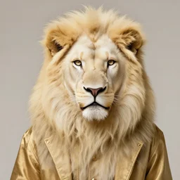 award winning beautiful portrait commission of a male furry anthro albino lion with a beautiful hyperdetailed attractive outfit and face wearing a golden and red rockstar outfit on a stage. Character design by charlie bowater, ross tran, and makoto shinkai, detailed, inked, western comic book art