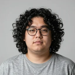 a chubby man with glasses and shoulder length incredibly curly black hair