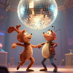 a closeup photorealistic illustration of hopper and flick from a bug's life dancing below a disco ball to dubstep music in the style of cartoon. bright scene. fine detail. this 4 k hd image is trending on artstation, featured on behance, well - rendered, extra crisp, features intricate detail, epic composition and the style of unreal engine.