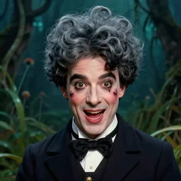 fantasy portrait of an energetic charlie chaplin with silky, cloudy grey hair, black scars on her face, swamp vegetation in the background, nocturnal palette, art by greg rutowski, raphael lacoste, eddie mendoza, artgerm, trending on artstation