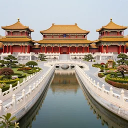 ancient magnificent chinese golden palace in paradise, canals, white marble bridge, garden, palaces, red maple trees, pine trees, sunny day, by leon tukker, photography, cinematic lighting, octane render, artstation