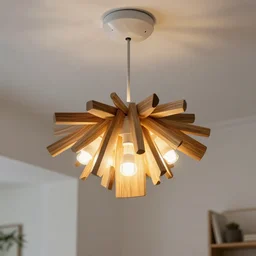 a desinger living room lamp, hanging from the ceiling, made from pieces of wood and 3 ledlights, design, hyperrealistic, 8 k