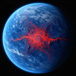 a picture of an alien planet, taken from orbit, blue planet, red lava rivers, center of the frame