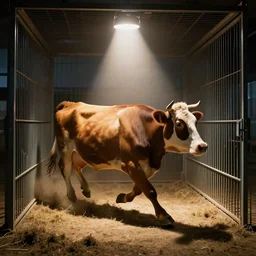 cow running from a cage to a freedom light