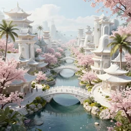 ancient utopian chinese city in paradise, canals, white marble bridges, buildings, tropical, sakura trees, blooms, by leon tukker, zaha hadid, photography, cinematic lighting, octane render, artstation