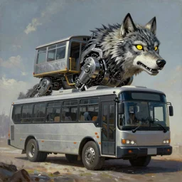 Mechanical  animal - transformer hybrid of bus and wolf, having cabin in form of wolf head with big yellow eyes and long mechanical body - it is bus with wheels and windows, standing  before us, mechanical form of life, oil on canvas, fantasy, magic, dream, perfect composition, digital painting, concept art, smooth, sharp focus, illustration, artstation trending, octane render, unreal engine, anime style, cyberpunk