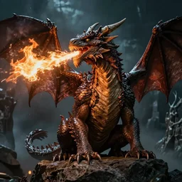 The head of an angry dragon, breathing fire, sitting on a rock, at night. Still from Lord of the Rings - The Hobbit.