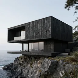 yakisugi modern luxury house, shou sugi ban, brutalist, charred black wood, japanese style, ultra modern, contemporary, on a cliff over the ocean, octane render, 8k, photo realistic