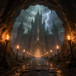 pathway through abstract portal cave exit to otherworldly castle, wide angle architecture photography of massive dark otherworldly fantasy castle!!!, torches on cave walls, high sci - fi fantasy, cryengine 8 k render, concept art by world of warcraft mass effect dnd overwatch dark souls, moody lightning, warm!!!! color palette