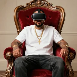 DJ Khaled wearing a VR headset, sitting on an ornate red velvet throne