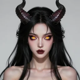 portrait of female succubus with black hair and glowing amber eyes and horns, dnd, fantasy, intricate, elegant, highly detailed, digital painting, artstation, concept art, smooth, sharp focus, illustration, art by narcisse navarre
