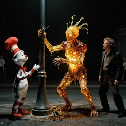 the strange creature, made of glowing oil, they break a lamppost, film still from the movie directed by denis villeneuve and david cronenberg with art direction by salvador dali and dr. seuss