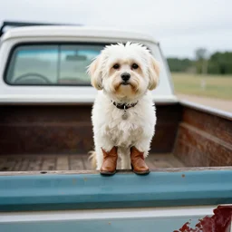 “a Havanese dog with a ponytail and wearing cowboy boots, sitting on the back of a vintage Ford pick-up truck” 20 mm photo, Leica, F4”
