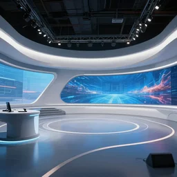 futuristic news studio, concept art, wide lens, cinematic composition, architecture, iterior