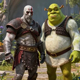kratos standing next to shrek, highly detailed, high quality, hd, 4 k, 8 k, canon 3 0 0 mm, professional photographer, 4 0 mp, lifelike, top - rated, award winning, realistic, sharp, no blur, edited, corrected, trending