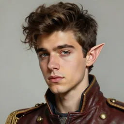 close up head and shoulders portrait painting of young man who looks like zayn malik as an elf by jeremy mann, wearing leather napoleonic military style jacket, only one head single portrait, pointy ears