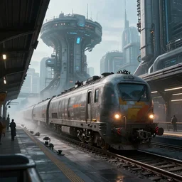 Immense industrial futuristic cargo train arrives at cyber punk city station, cinematic lighting, concept art