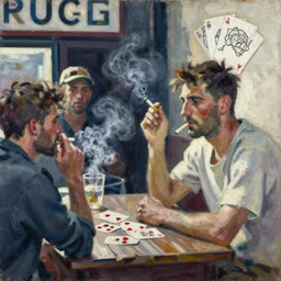 oil painting in the style of john craxton sailors in the shadows of a pub. playing cards. brush marks. strong lighting. holding cigerettes. smokey bar. seated figure hands on table. strong expressions on faces. cheekbones. aesthetics to ivon hitchins. line drawing on painting,
