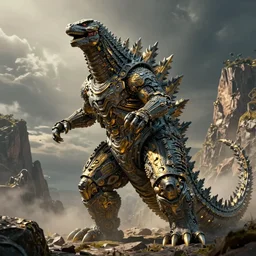 beautiful godzilla robosaurus titan colossus full body well proportioned pacing to cliffs by eddie mendoza hyperrealism expressive eyes cyborgess symmetrical very very detailed giger beksinski grey and gold