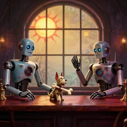 gothic bar with robots, cyborg dog bringing bone, two suns in the window w 7 6 8