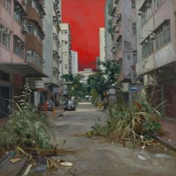 rundown streets of hong kong and overgrown with dead plants, debris on the floor, abandoned, sky is red, by peter elson, oil on canvas