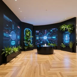 hyperdetailed samsung store interior! scifi tech neon by zaha hadid! oak parquet, black walls, digital walls, plants