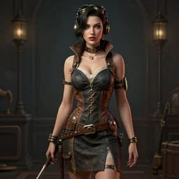 a digital artwork of a woman wearing a dress, dieselpunk