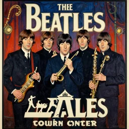 a poster announcing a Beatles concert in a parisian cabaret depicting John Lennon, Paul Mccartney, George Harrrison and Ringo Starr, painting by Toulouse-Lautrec, high quality, masterpiece,