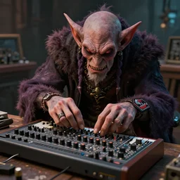 majestic goblin king patching a buchla 2 0 0 e modular synthesizer, candid photography, highly detailed, 8 k uhd, unreal engine 5, character concept