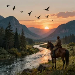 A majestic landscape featuring a river, mountains and a forest. A group of birds is flying in the sky. There is man on a horse They are both staring at the sunset. Cinematic, very beautiful, painting in the style of firewatch