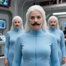 formation of determined chubby mustached women with white hair, white hair, tight light blue neopren suits, futuristic production facility, sci - fi, highly detailed, cinematic