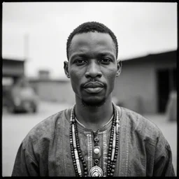 an analogue photo of a cyber punk - Tribal Igbo man, black & white, 35mm, f/1.4,