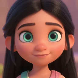 a fantasy picture of a beautiful indian girl with large mysterious light green eyes smiling with tears on her cheeks, pixar