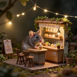 mini cafe for mice diorama macro photography, ambient, atmospheric photograph, string lights, romantic
