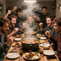 photo realistic, a bunch of guys cheering waiting to eat from a steaming hot pot of cholent