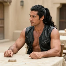 muscular man sitting at table on tatooine, wearing a black black black leather vest vest vest, no shirt, shirtless, long long black black hair in a ponytail ponytail 9 9 9 9 0 0